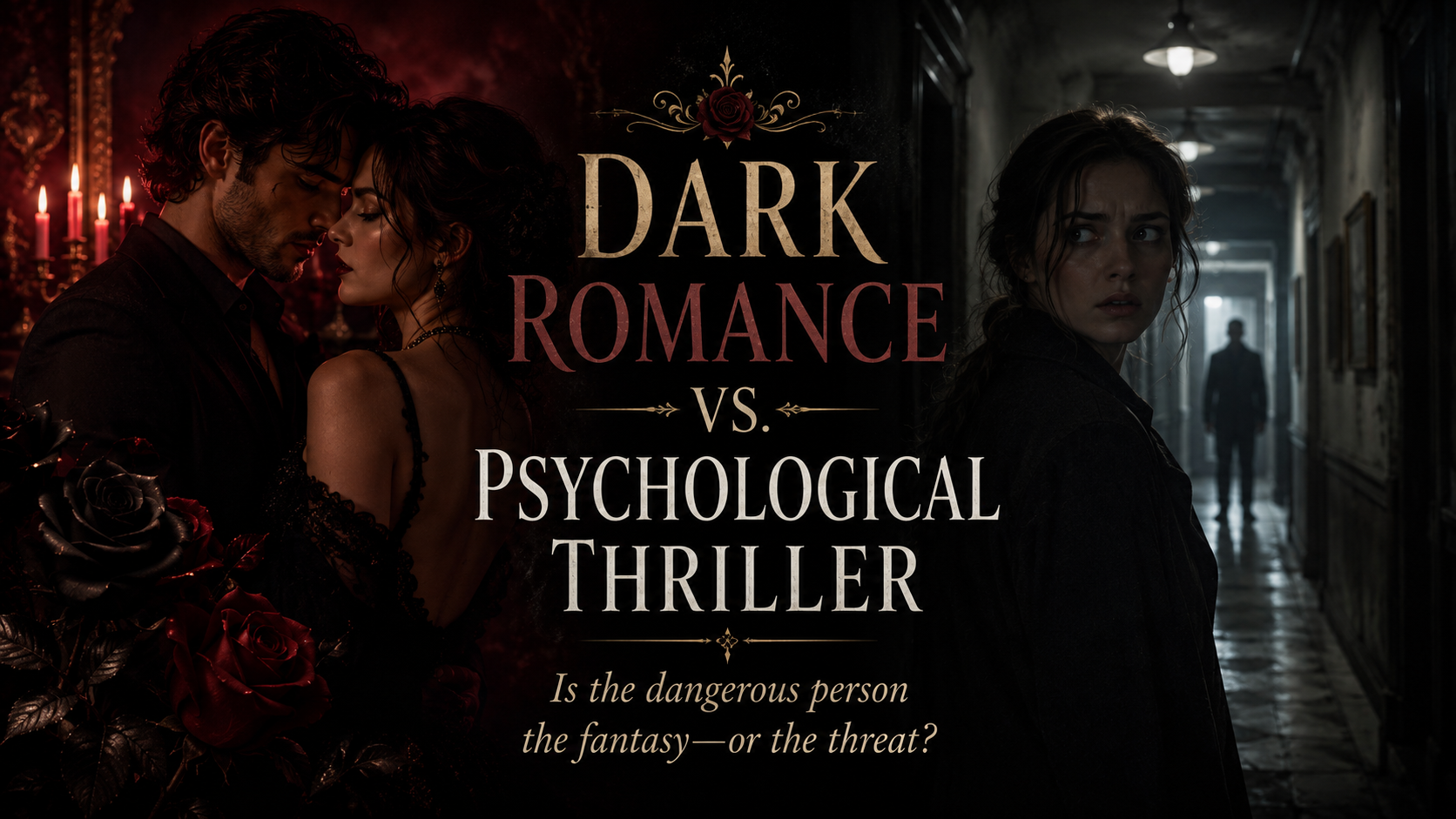 Dark romance vs psychological thriller comparison featuring an obsessive couple and a woman being watched