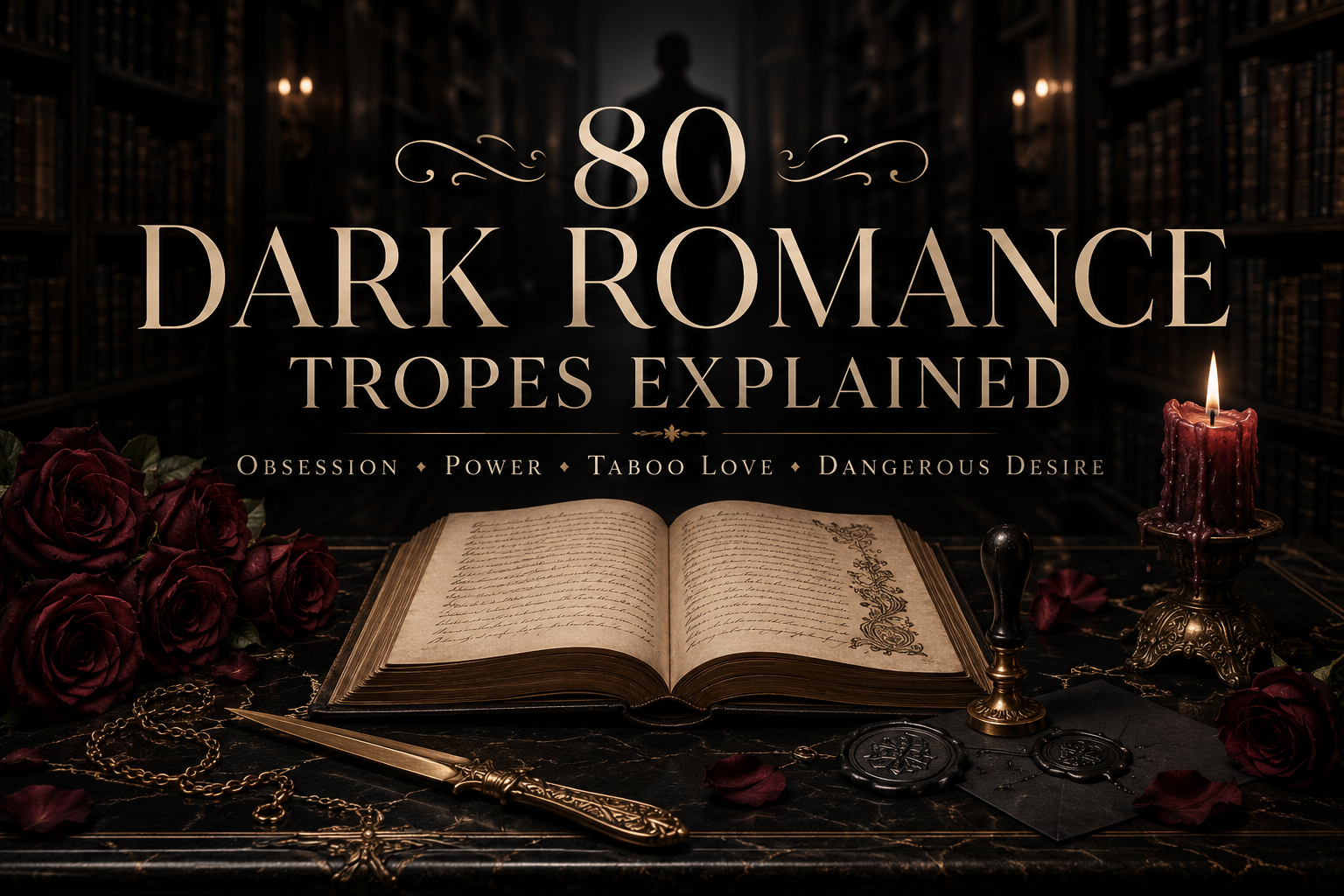Every dark romance trope explained with an open book, burgundy roses, candlelight, and a mysterious male silhouette
