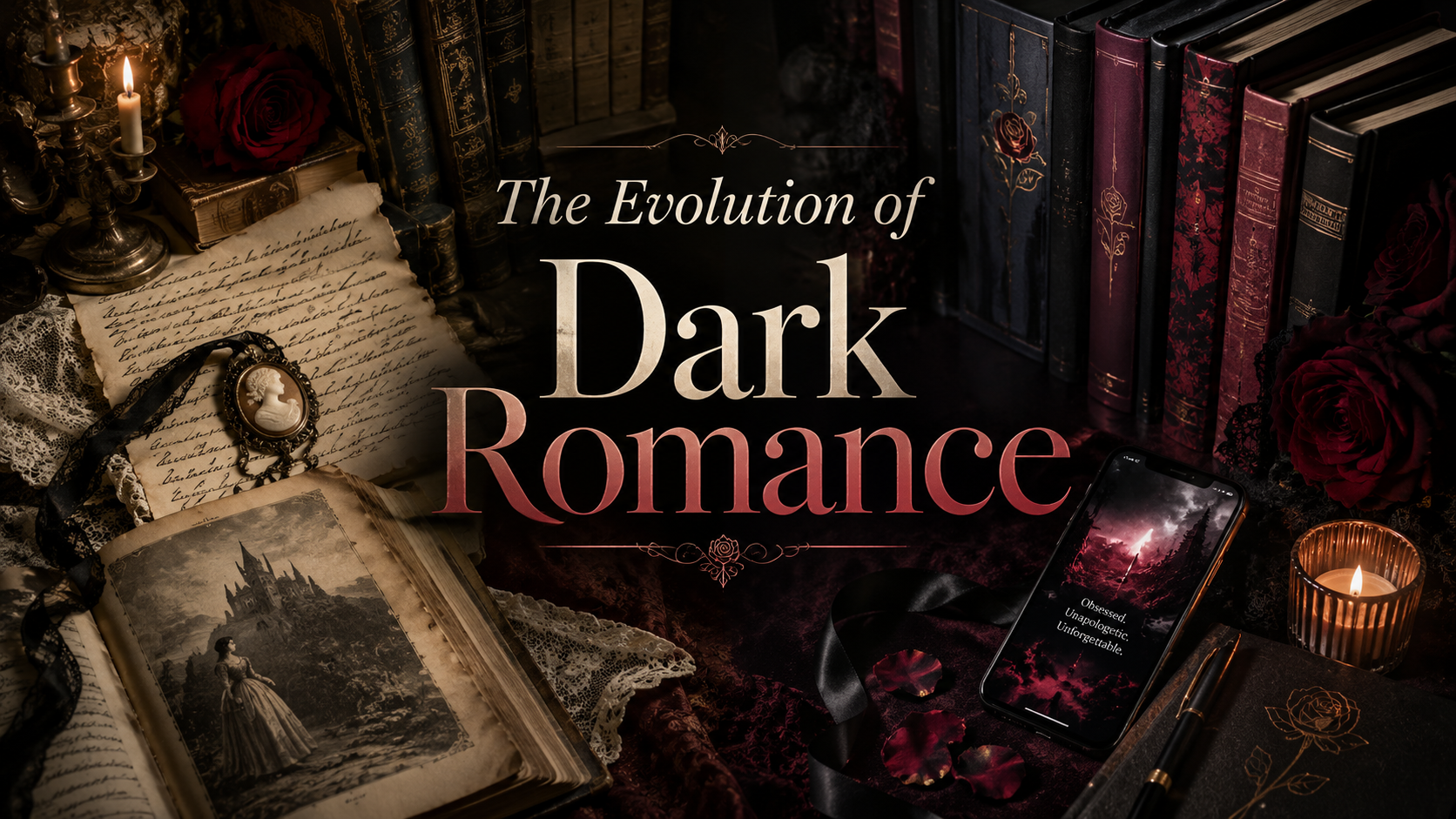Dark romance evolution from gothic classics to modern BookTok obsession with candles, old books, roses, and moody shadows