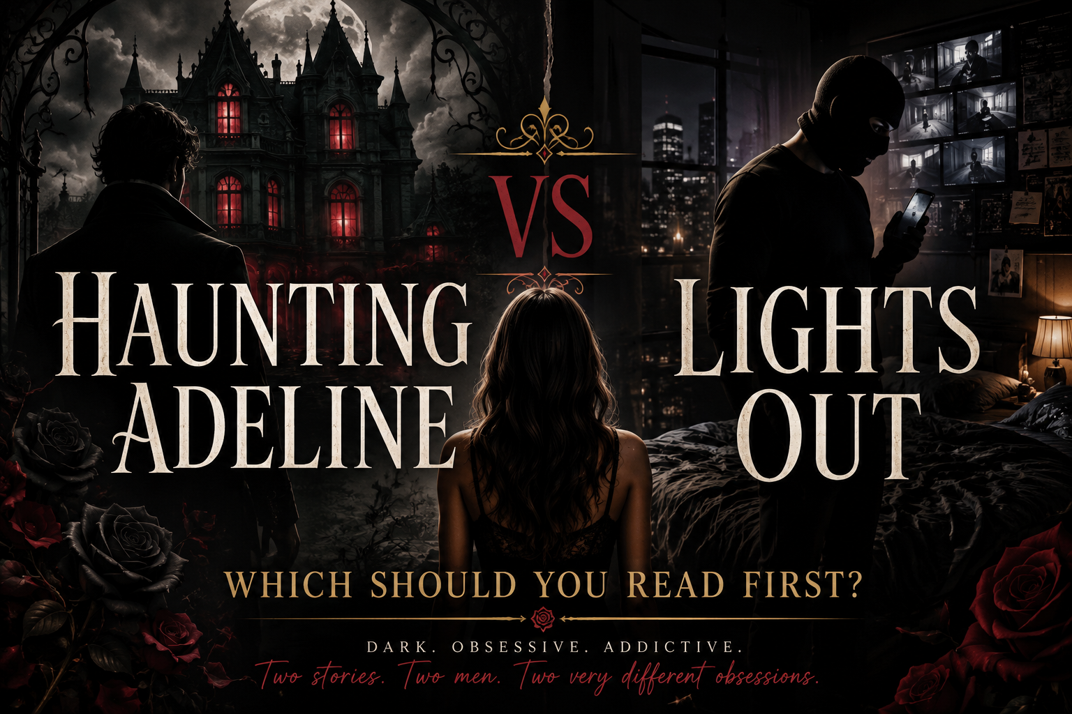 Haunting Adeline vs Lights Out dark romance comparison with gothic mansion and masked stalker